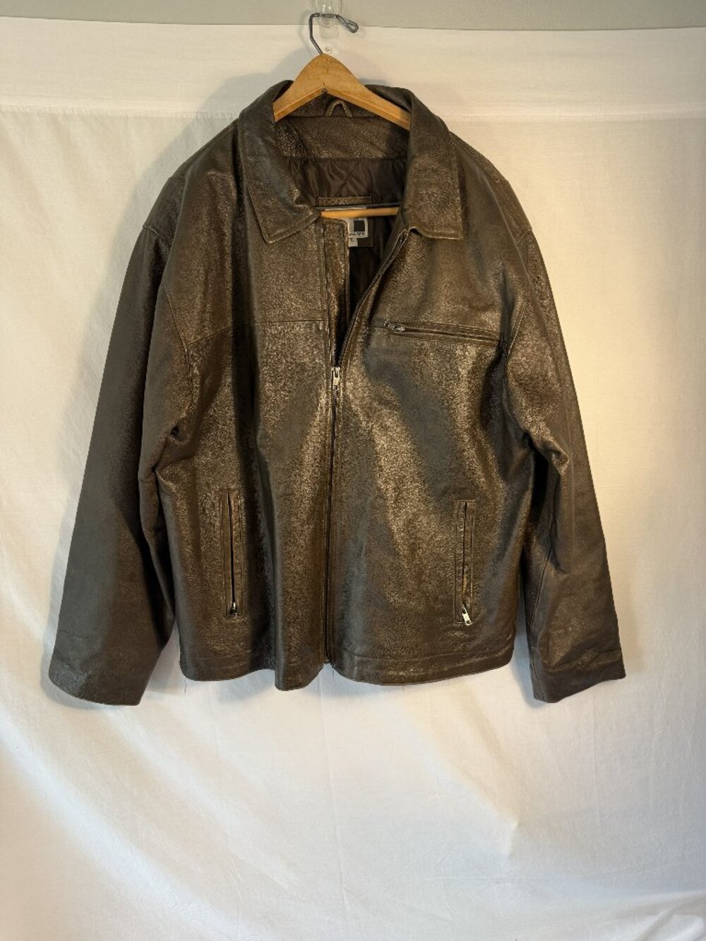 Modern Images Mens Large Brown Genuine Leather Full Zip Moto Harrington Jacket
